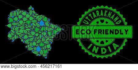 Eco Uttarakhand State Map Collage Of Herbal Leaves And Water Drops, And Eco Friendly Award Seal. Utt