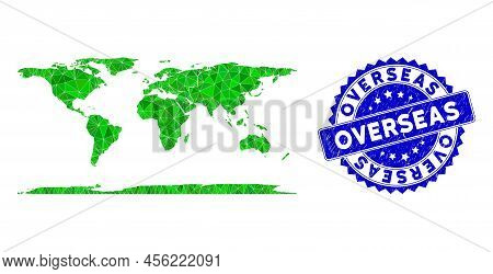 Blue Rosette Scratched Badge And Lowpoly Overseas Map Mosaic In Green Colors. Triangulated Overseas 