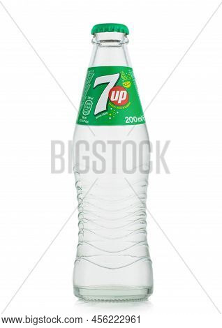 London,uk - May 10, 2022 :  7up Classic Lemon And Lime Soda In Glass Bottle On White.