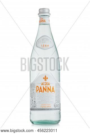 London,uk - May 10, 2022 :  Glass Bottle Of Acqua Panna Still Mineral Water On White.