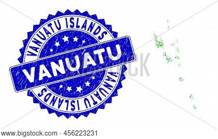 Blue Rosette Grunge Stamp And Lowpoly Vanuatu Islands Map Mosaic In Green Colors. Triangulated Vanua