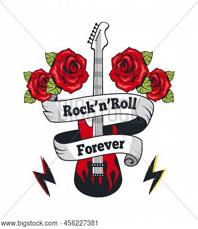 Rock-n-roll Forever Electric Guitar With Ribbons. Music Instrument With Fretted Fingerboard And Bloo