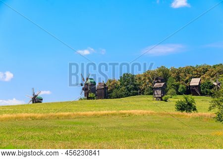 Old Wooden Windmills In Pyrohiv (pirogovo) Village Near Kiev, Ukraine