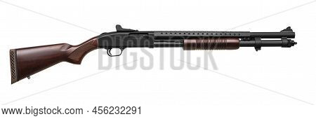 Modern Pump-action Shotgun With A Wooden Butt And Fore-end Isolate On A White Background. Weapons Fo