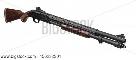 Modern Pump-action Shotgun With A Wooden Butt And Fore-end Isolate On A White Background. Weapons Fo