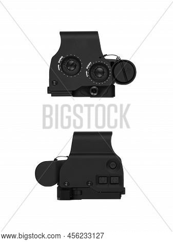Modern Optical Collimator Sight. Aiming Device For Shooting At Short Distances. Isolate On A White B