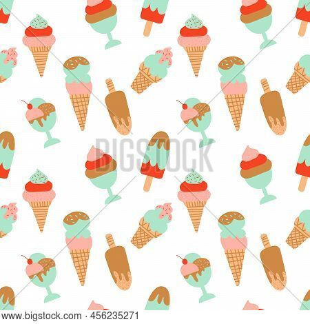 Ice Cream Cone, Waffle Seamless Pattern Creative Vector On White Background For Fabric, Textile Stoc