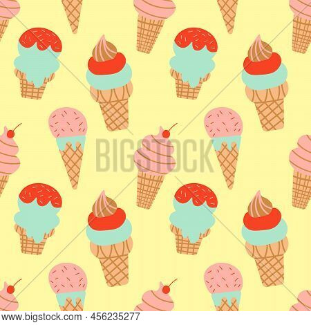 Ice Cream Cone, Waffle Seamless Pattern Creative Vector On Yellow Background For Fabric, Textile Sto
