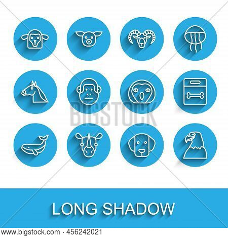 Set Line Whale, Rhinoceros, Sheep Head, Dog, Eagle, Monkey, Bone And Owl Bird Icon. Vector