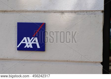 Bordeaux , Aquitaine  France - 06 05 2022 : Axa Blue Brand Logo And Text Sign Front Facade French Ba
