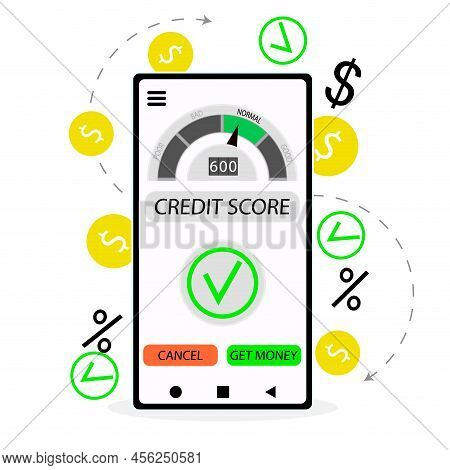 Approved Loan, Good Credit Score Rating In Internet Banking. Illustration Vector. Repaid Loan, Good 