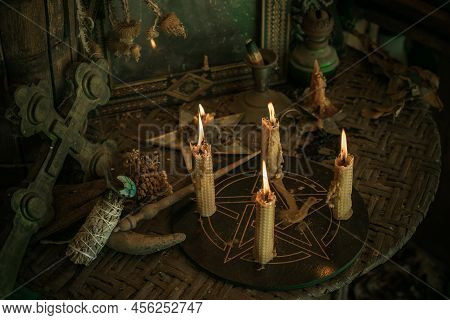 Concept Of Esoteric, Incantation, Future Predict And Paganism, Power Of Wicca, Rite On A Altar