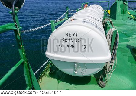 Labuan,malaysia-june 17,2016:the Emergency Life Raft On A Ro Ro Ferry Passenger Ship.its A Small,rig
