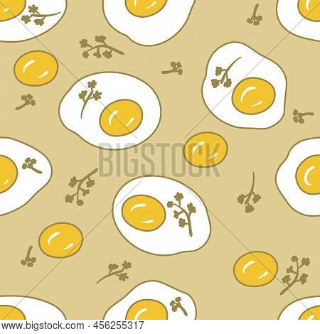 Doodle Seamless Pattern With Fried Eggs And Parsley Greens. Simple Food Print For T-shirt, Fabric, T
