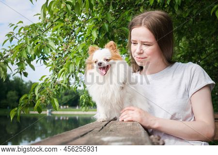 Young Woman With Long Straight Hair And A Fluffy Small Dog For A Walk Near The City Pond