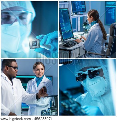 Microelectronics Engineers Work In A Modern Scientific Laboratory On Computing Systems And Microproc