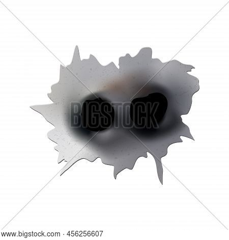 Bullet Holes Of Gun Or Pistol. Shoot In Metal Single And Double Hole. Damage And Cracks On Surface. 