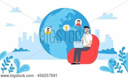 Team Working Remotely. Man In Headset Sitting On Chair With Laptop Talking To Colleagues From Differ