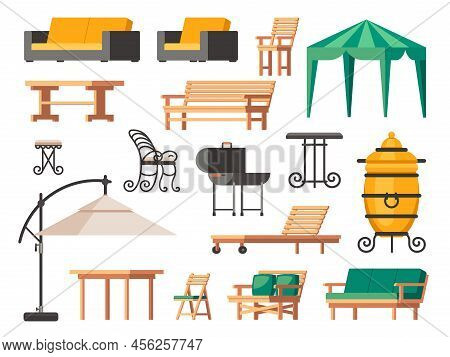 Patio Furniture. Summer Terrace Chair Table Sofa Umbrella, Garden And Veranda Lounge Icons With Back