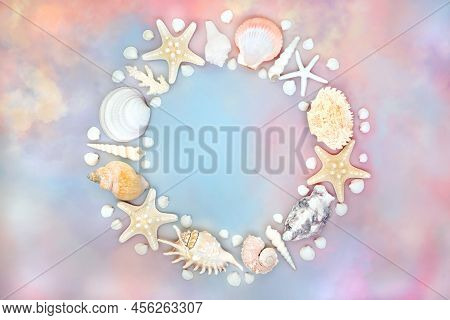 Wreath Of Sea Shells On Rainbow Cloud Sky Background. Abstract Heavenly Beautiful Summer Shell Paste