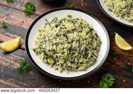 Spanakorizo, Greek Spinach Rice. Healthy Vegetarian Food.