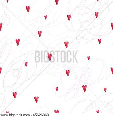 Red Watercolour Hearts On A White Background. Seamless Pattern For Design. Watercolor Lovely Drawing