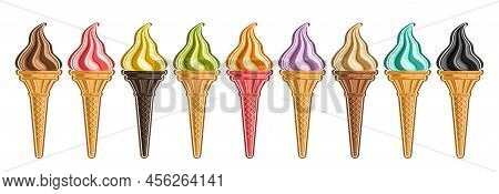 Vector Ice Cream Set, Lot Collection Of 9 Cut Out Different Illustrations Of Realistic Refreshing Ic