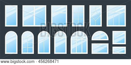 Window Frame. Glass House Building. Office Architecture. Classic Facade Of City Apartment. Home Inte