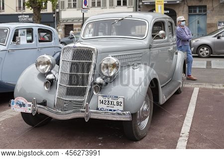 Morlaix, France - May 22 2022: Grey Ford V8 1935 Model V8-48 3620cc.