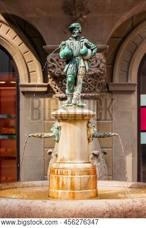 The Little Goose Man Fountain At Hirschenplatz Main Square In Lucerne Or Luzern City In Central Swit