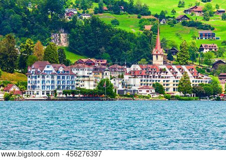 Weggis Panoramic View. Weggis Is A Town On The Northern Shore Of Lake Lucerne In The Canton Of Luzer
