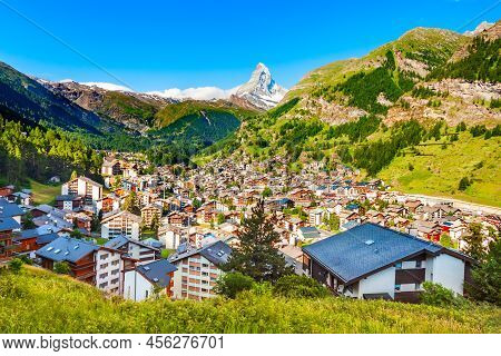 Zermatt Town And Matterhorn Mountain Aerial Panoramic View In The Valais Canton Of Switzerland