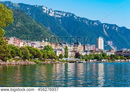 Montreux Harbor With Yachts And Boats Panoramic View. Montreux Is A Town On The Lake Geneva At The F