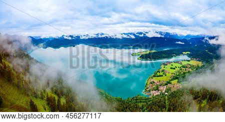 Walchensee Aerial Panoramic View. Walchensee Or Lake Walchen Is One Of The Deepest And Largest Alpin