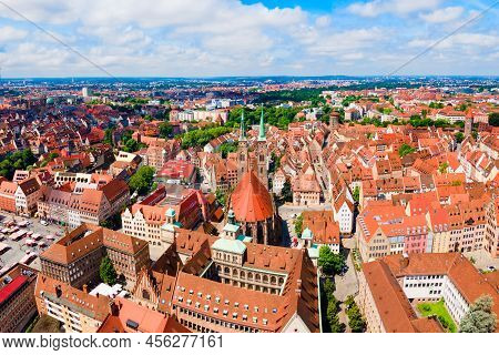 Saint Sebaldus Or St. Sebald Church Aerial Panoramic View In Nuremberg Old Town. Nuremberg Is The Se