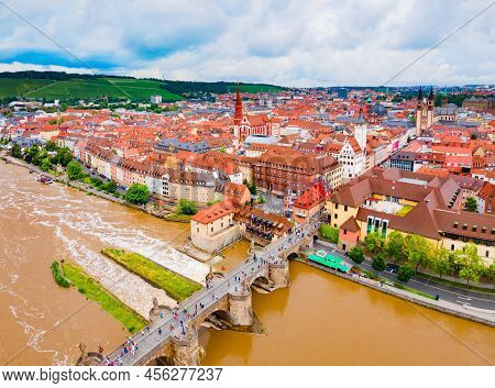 Old Main River Bridge And Wurzburg Old Town Aerial Panoramic View. Wurzburg Or Wuerzburg Is A City I