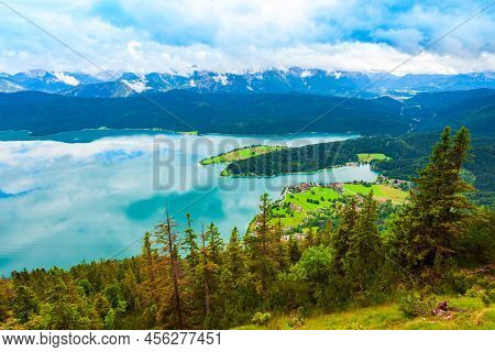 Walchensee Aerial Panoramic View From Herzogstand Viewpoint. Walchensee Or Lake Walchen Is One Of Th