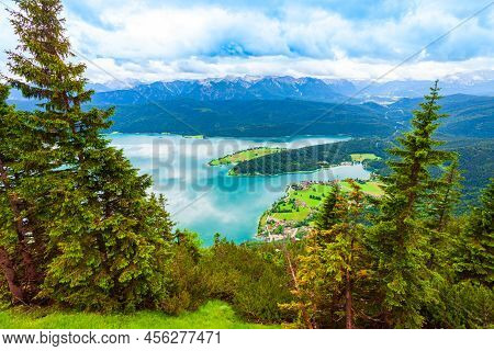 Walchensee Aerial Panoramic View From Herzogstand Viewpoint. Walchensee Or Lake Walchen Is One Of Th