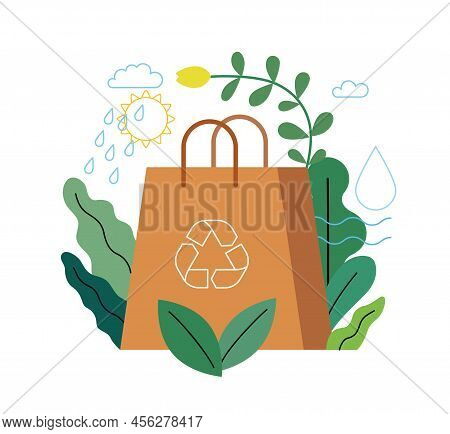 Ecology - Eco Package -modern Flat Vector Concept Illustration Of A Paper Bag Durrounded By Plants, 
