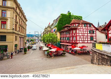 Luzern, Switzerland - July 11, 2019: Square Near Church Of St. Leodegar In Lucerne. Lucerne Or Luzer