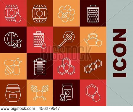 Set Line Honeycomb, Tea Kettle With Honey, Bee And Honeycomb, Map Of The World Bee, Wooden Barrel An