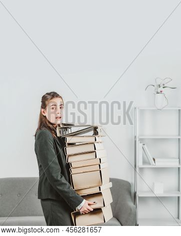 Sad Busy Secretary, Stressed Overworked Business Woman Too Much Work, Office Problem. Tired Stressed