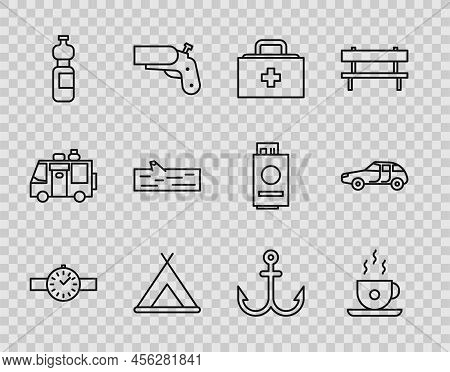 Set Line Wrist Watch, Coffee Cup, First Aid Kit, Tourist Tent, Bottle Water, Wooden Log, Anchor And 