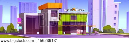 Supermarket Building Exterior On City Street. Vector Cartoon Illustration Of Summer Cityscape With M
