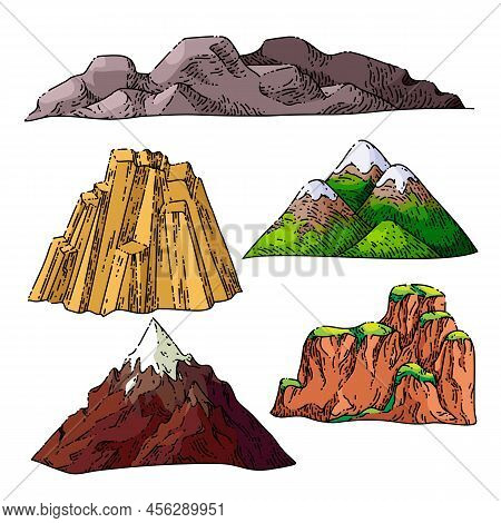 Mountain Landskape Set Hand Drawn Vector. Nature Background, Vintage Forest, Hill Adventure, Rock Pe