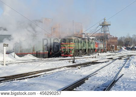 Sortavala, Russia - March 10, 2021: View Of The Locomotive Depot Of Sortavala Station On A Frosty Ma