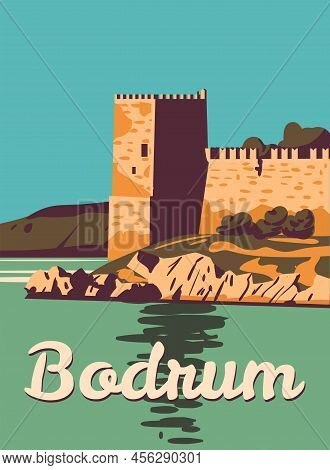 Bodrum Castle Retro Poster, Turkey Resort. Vintage Touristic Postcard, Placard, Vector