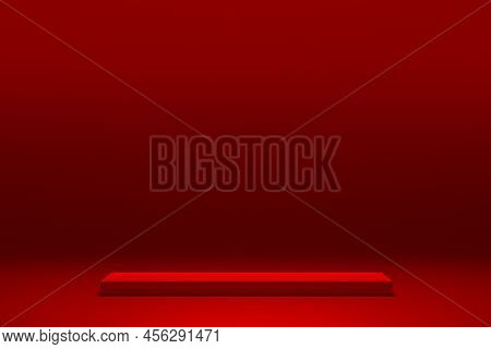 Red Platform For Showing Product. Empty Podium Or Pedestal Display On Red Background With Stand Conc