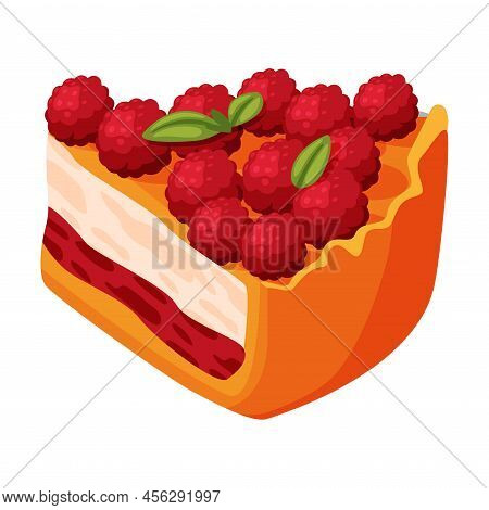 Cut Piece Of Baked Pie With Raspberry On Top, Sweet Creamy Filling And Shortcrust Pastry Vector Illu