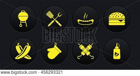 Set Crossed Hot Chili Pepper Pod, Burger, Oven Glove, Grilled Shish Kebab, Hotdog Sandwich, Fork Spa